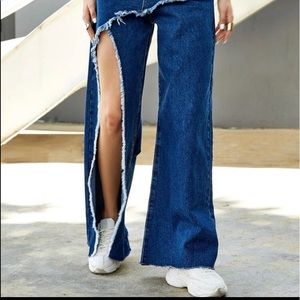 High Waist Split Hem Raw Trim Wide Leg Jeans